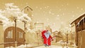 Cartoon Father Frost with gift bag walks on a street