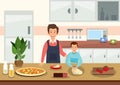 Cartoon father helps son to knead dough for pizza