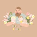 Cartoon Father hugging Children with Bouquet of Spring Flowers