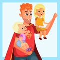 Cartoon Father Play Superhero with Son Daughter