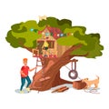 Cartoon Father Son Dog Build House on Tree Garden Royalty Free Stock Photo