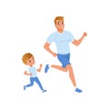 Cartoon father and son running together. Morning jogging. Sporty family. Fatherhood concept. Physical activity and