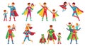 Cartoon father superhero. Happy fathers day, super parent with kids and hero dad vector illustration set Royalty Free Stock Photo
