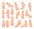 Cartoon feet. Men and women barefoot ankles and fingers. Legs positions. Caucasian person limbs. Bare toes with nails