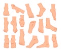 Cartoon feet. Men and women barefoot ankles and fingers. Legs positions. Caucasian person limbs. Bare toes with nails and heels.