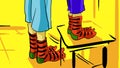 Cartoon Feet Of Two Children In Striped Socks