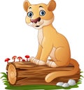 Cartoon feline sitting on tree log