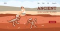 Cartoon female archaeologist character at excavation looking for dinosaur bones Royalty Free Stock Photo