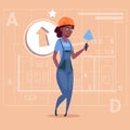 Cartoon Female Builder African American Wearing Uniform And Helmet Construction Worker Over Abstract Plan Background