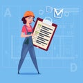 Cartoon Female Builder Carpenter Hold Checklist Construction Worker Over Abstract Plan Background