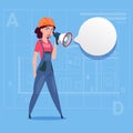 Cartoon Female Builder Holding Megaphone Making Announcement Woman Construction Worker Over Abstract Plan Background Royalty Free Stock Photo