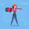 Cartoon Female Builder Wearing Uniform And Helmet Construction Worker Over Abstract Plan Background