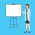 Cartoon female caucasian doctor and presentation stand Royalty Free Stock Photo