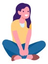 Cartoon female character. Active woman in casual clothes. Happy girl sitting on floor. Lotus position. Smiling student