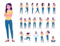 Cartoon female character poses. Active woman in jeans posing. Casual clothes. Different emotions and everyday activities Royalty Free Stock Photo