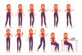 Cartoon female character poses. Happy woman in different poses, actions and emotions, standing and sitting, working on