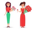Cartoon Female Characters with Bouquets of Roses