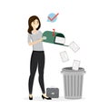 Cartoon female clerk throws letters into trash can. European business woman deletes spam or read mail from mailbox. File manager Royalty Free Stock Photo