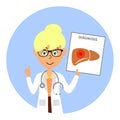 Cartoon female doctor character showing image of unhealthy liver. Healthcare concept.