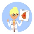 Cartoon female doctor character showing image of unhealthy spleen. Healthcare concept.