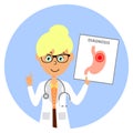 Cartoon female doctor character showing image of unhealthy stomach. Healthcare concept.