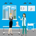 Cartoon female doctor and mother with child,hospital room,