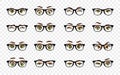 Cartoon female eyes. Colored vector closeup eyes with glasses. Female woman eyes and brows image collection set