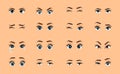 Cartoon female eyes. Colored vector closeup eyes. Female woman eyes and brows image collection set. Emotions eyes