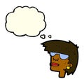 cartoon female face with glasses with thought bubble