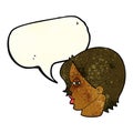 cartoon female face with narrowed eyes with speech bubble