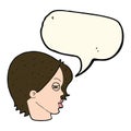 cartoon female face with narrowed eyes with speech bubble