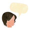 cartoon female face with narrowed eyes with speech bubble