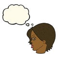 cartoon female face with narrowed eyes with thought bubble