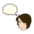 cartoon female face with narrowed eyes with thought bubble