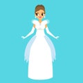 Cartoon female in fashionable white long gown dress. Bride, fiancee