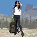 Cartoon female hiker with backpack looking into the distance in the mountains