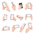 Cartoon female or male hands hold smartphones with empty screens. Phone concept for mobile apps, video, social network