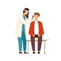 Cartoon female otolaryngologist checking ears of patient use otoscope vector flat illustration. Woman doctor examination