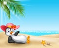 Cartoon female penguin relaxing on the beach