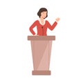 Cartoon female politician perform in front of audience vector flat illustration. Smiling woman government worker talking