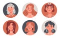 Cartoon female portraits. Beautiful stunning women avatars, fashionable girls faces, cute female characters flat vector