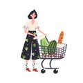 Cartoon female with shopping cart full of products vector flat illustration. Colorful customer woman with trolley Royalty Free Stock Photo