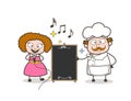 Cartoon Female Singer with Chef Presenting Information Banner Vector