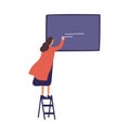 Cartoon female standing on stairs whiting on blackboard use chalk vector flat illustration. Colorful woman write