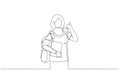 Cartoon of female student showing thumbs up sign gesture, wearing backpack and holding books. Single line art style Royalty Free Stock Photo