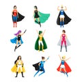 Cartoon Female Superhero Characters Icon Set. Vector