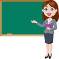 Cartoon female teacher standing next to a blackboard