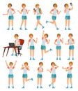 Cartoon female teenager character. Young teenage girl in different poses and actions vector illustration set. Cheerful