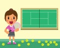 Cartoon female tennis player and court template Royalty Free Stock Photo
