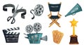 Cartoon film studio. Cinema video camera, movie clapperboard and directors megaphone vector illustration set